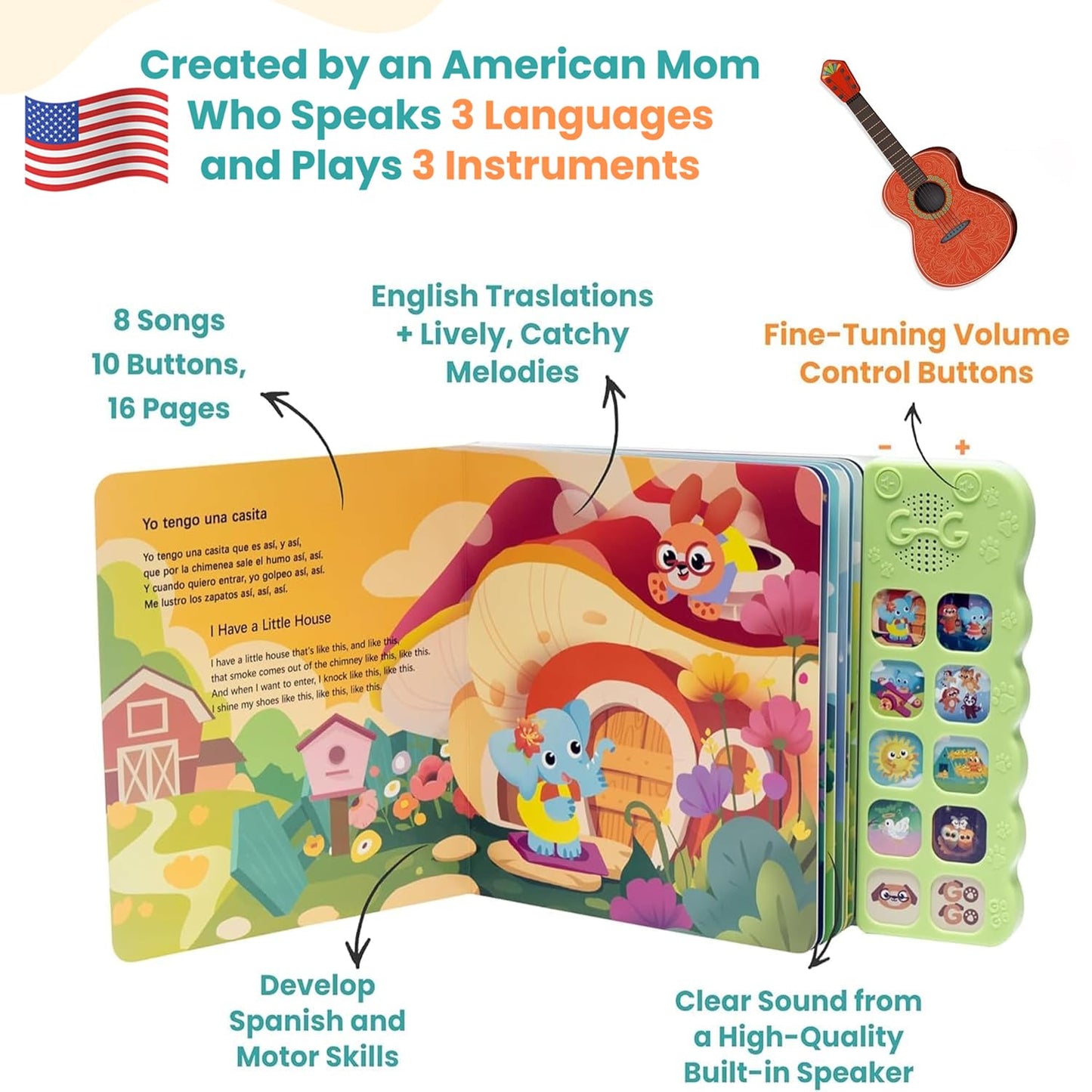 GO GO Spanish Musical Book Vol. 2 — Bilingual Spanish/English Book for Toddlers with 8 Songs