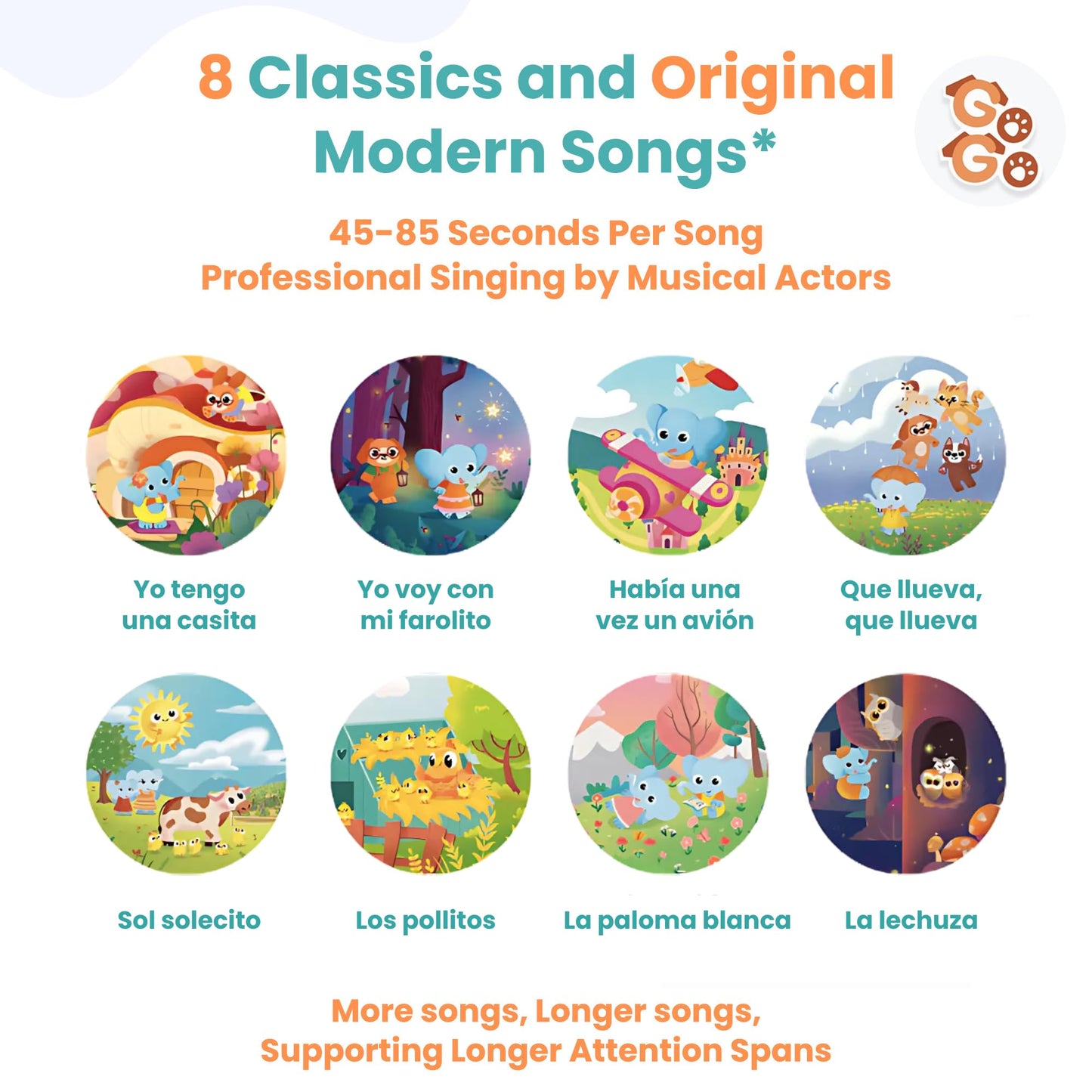 GO GO Spanish Musical Book Vol. 2 — Bilingual Spanish/English Book for Toddlers with 8 Songs