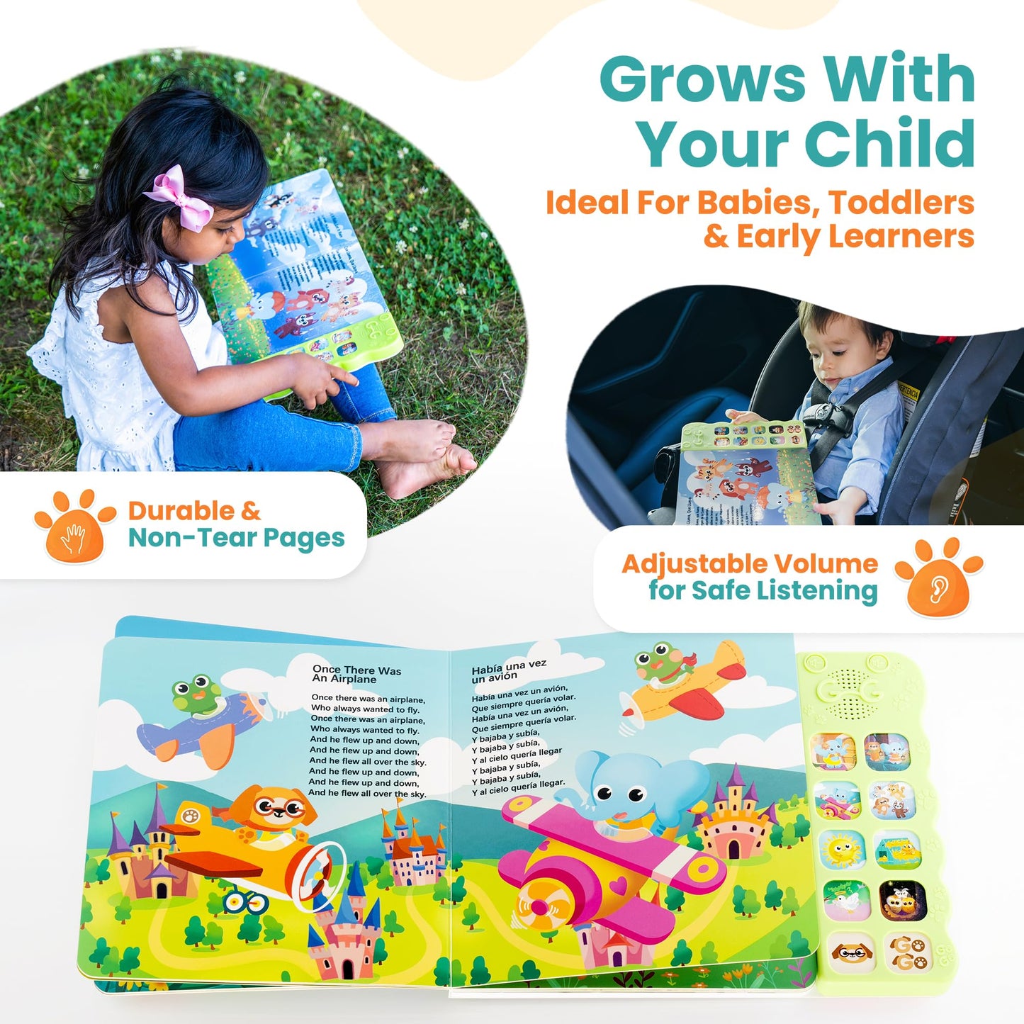 GO GO Spanish Musical Book Vol. 2 — Bilingual Spanish/English Book for Toddlers with 8 Songs
