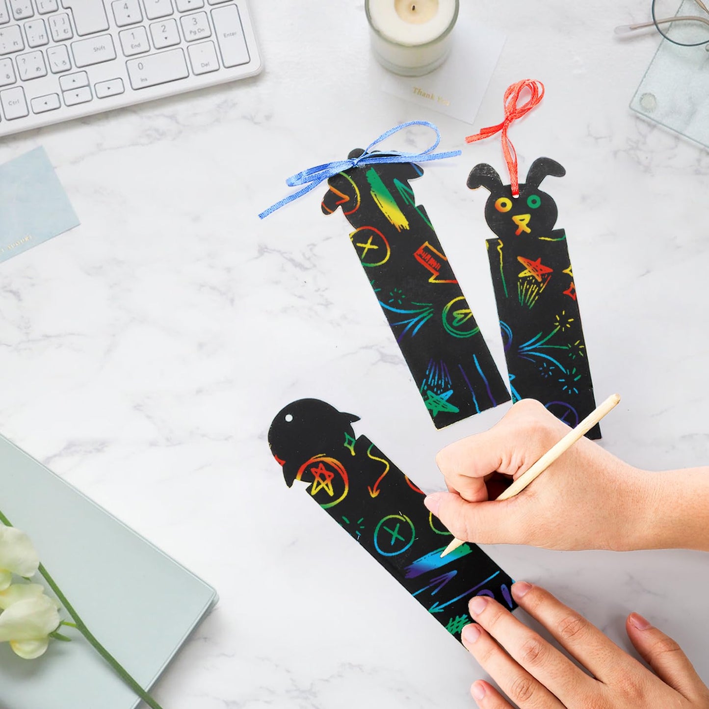 Goaste 144 Pack Animal Scratch Bookmarks | 36 Designs, Colorful DIY Craft Set with Ropes & Bamboo Stylus