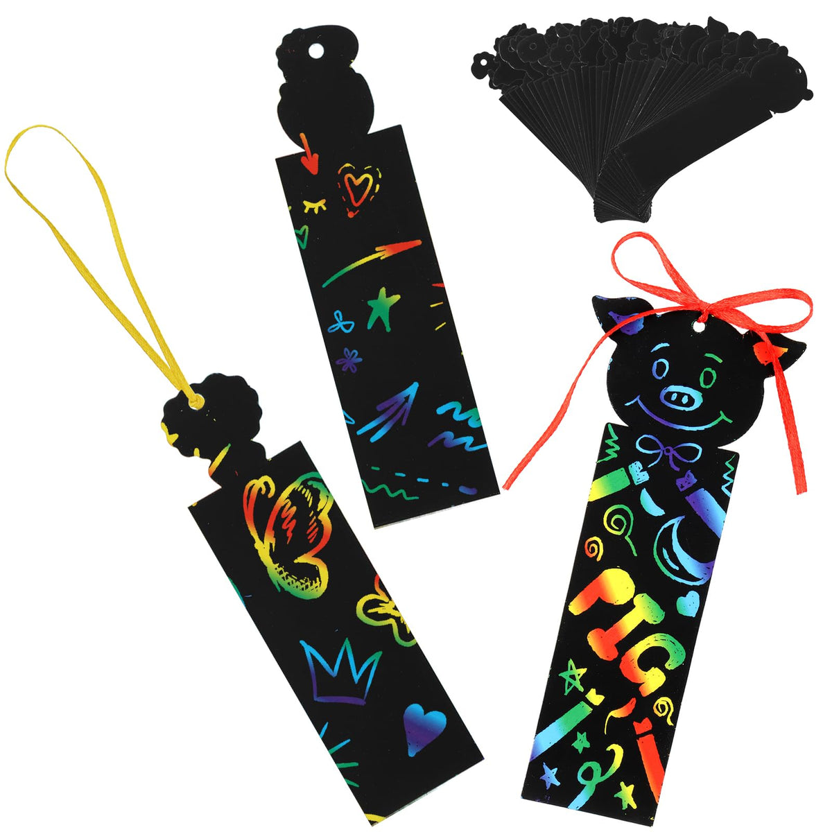 Goaste 144 Pack Animal Scratch Bookmarks | 36 Designs, Colorful DIY Craft Set with Ropes & Bamboo Stylus