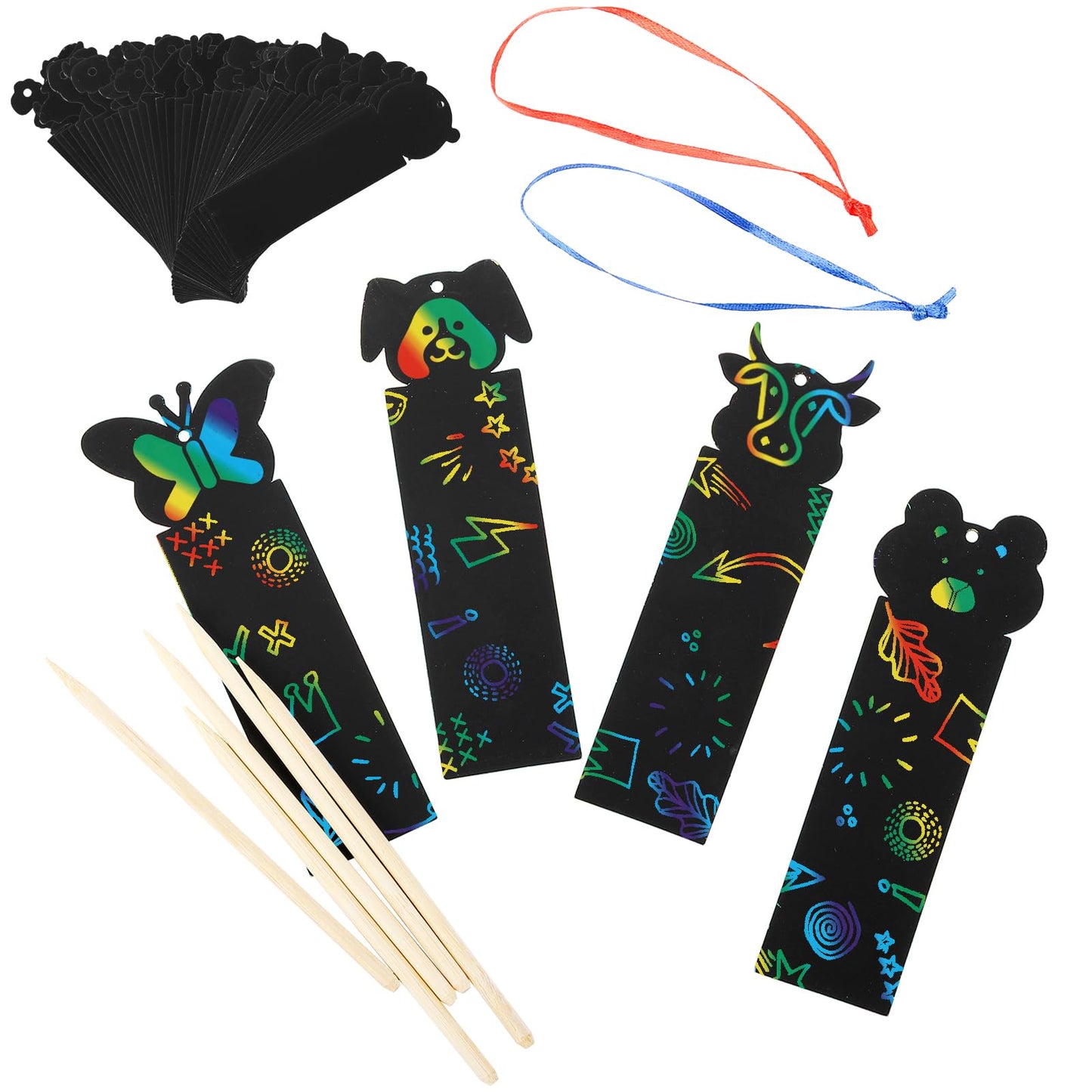 Goaste 144 Pack Animal Scratch Bookmarks | 36 Designs, Colorful DIY Craft Set with Ropes & Bamboo Stylus