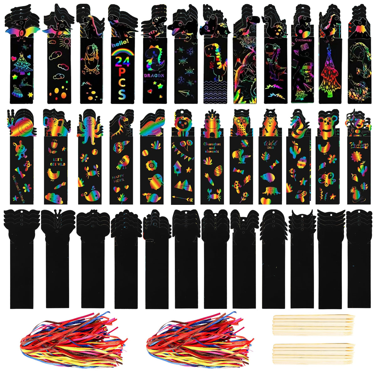 Goaste 144 Pack Animal Scratch Bookmarks | 36 Designs, Colorful DIY Craft Set with Ropes & Bamboo Stylus