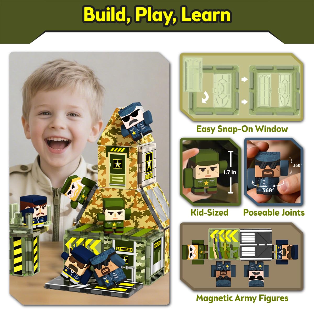 GobiDex 100Pcs Magnetic Tiles with 6 Army Men – STEM Building Blocks for Kids 3-8