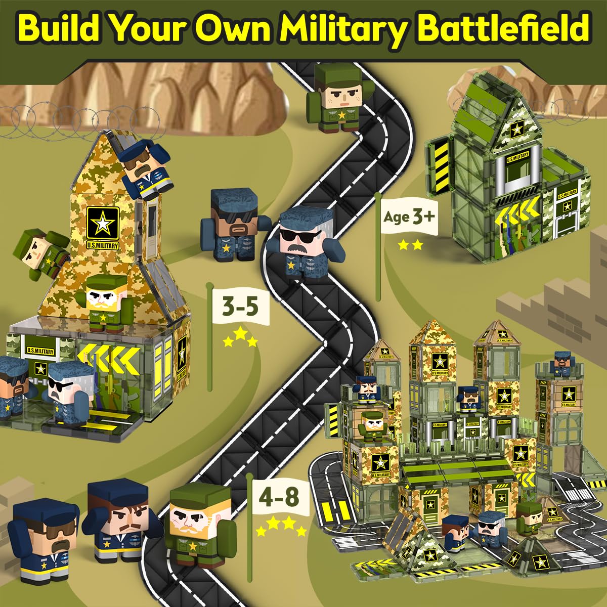 GobiDex 100Pcs Magnetic Tiles with 6 Army Men – STEM Building Blocks for Kids 3-8