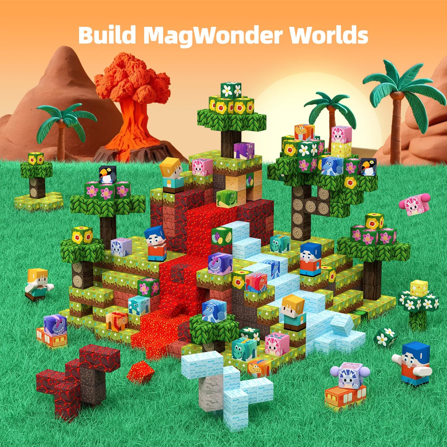 GobiDex 100-Piece Magnetic Blocks: Volcano & Dinosaur Set for Kids 3-8