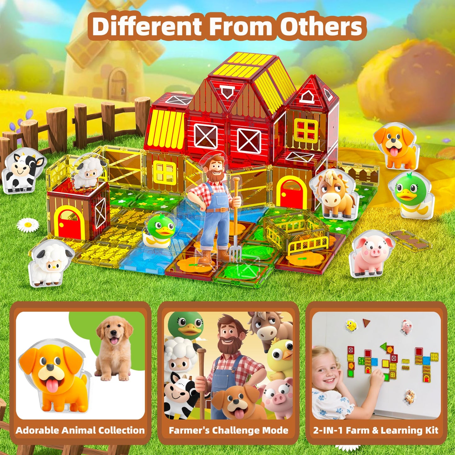 GobiDex Magnetic Tiles with Farm Animals – STEM Toy for Kids 3-8