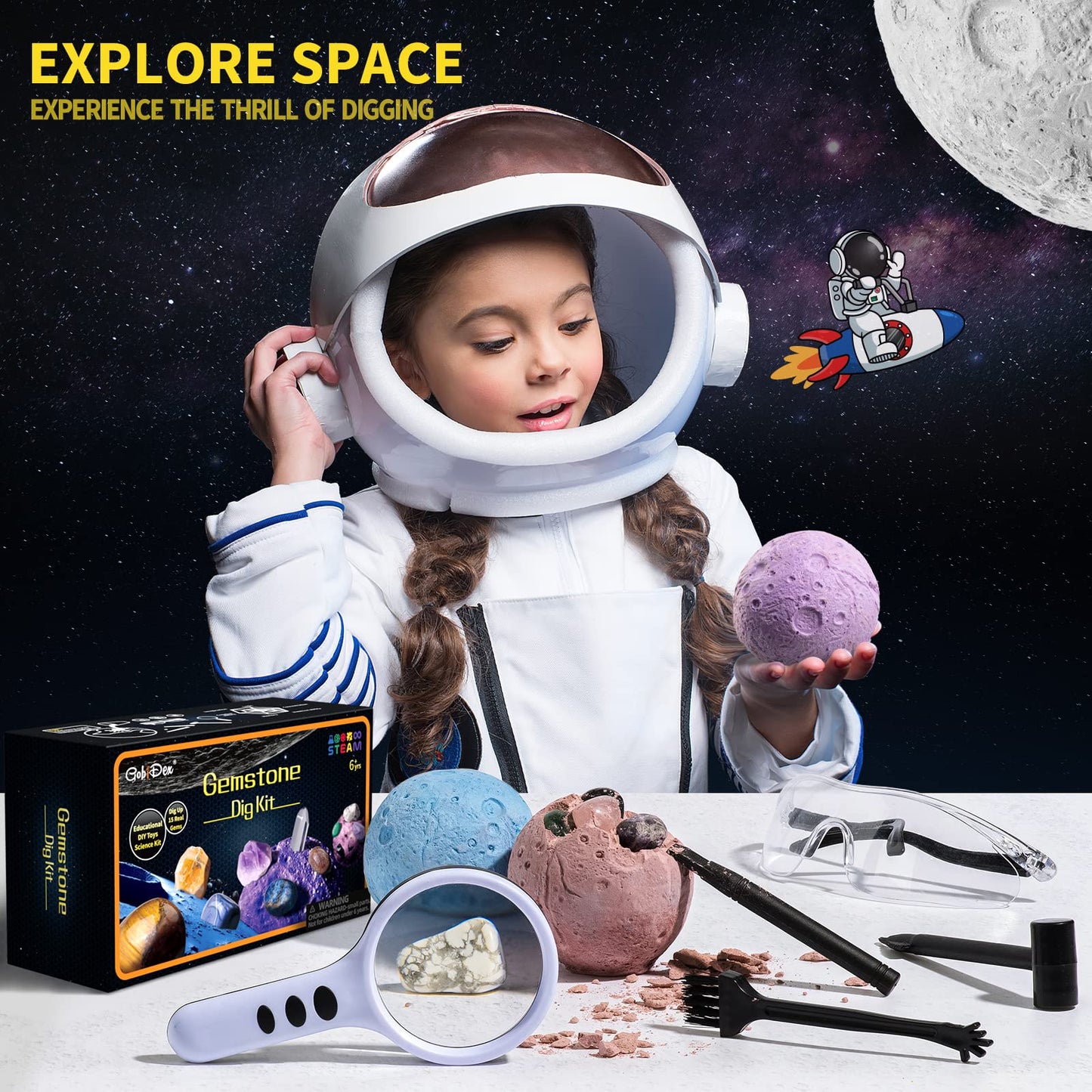 GobiDex Gemstones Dig Kit — Solar System STEM Toy for Kids (Excavate 15 Real Gems)