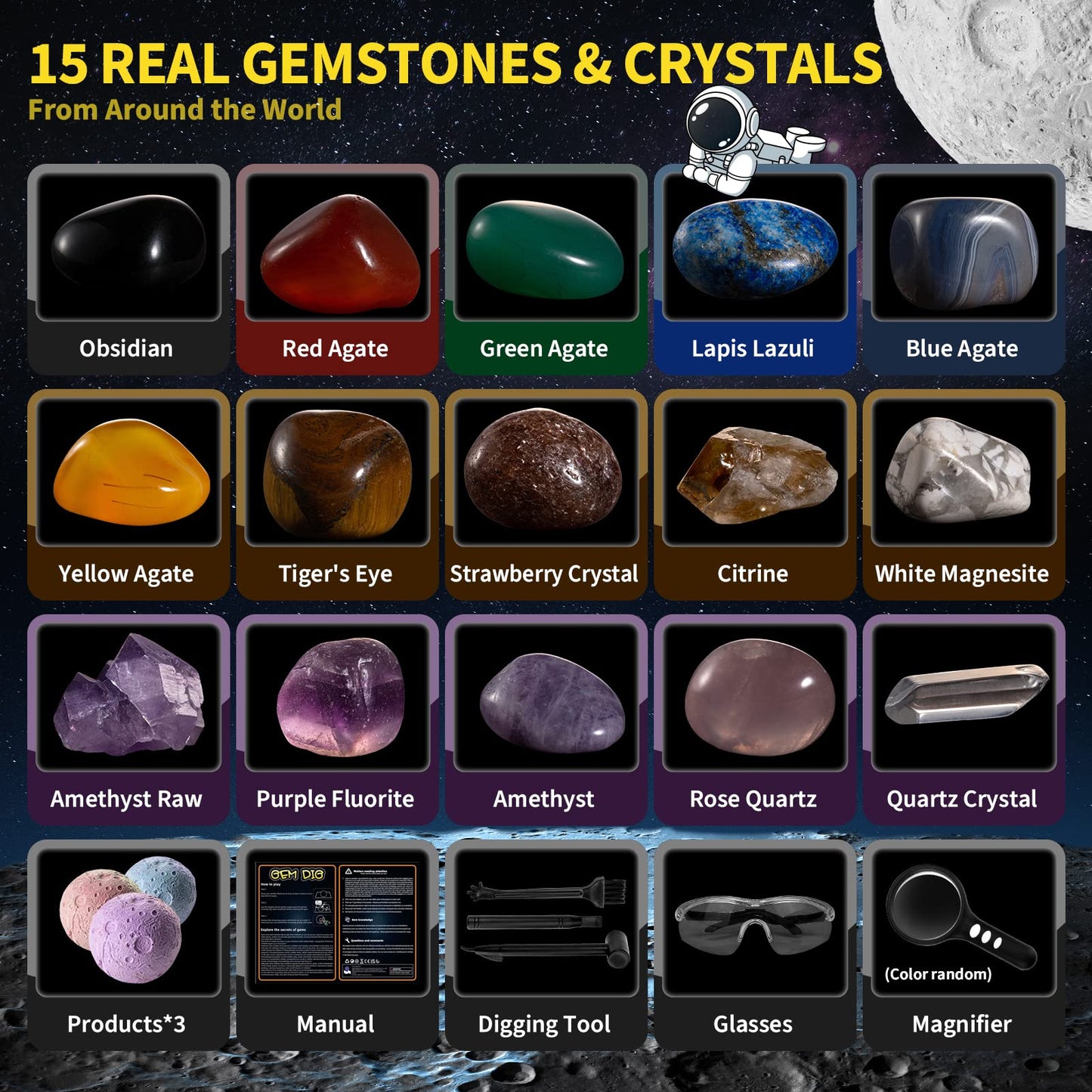 GobiDex Gemstones Dig Kit — Solar System STEM Toy for Kids (Excavate 15 Real Gems)