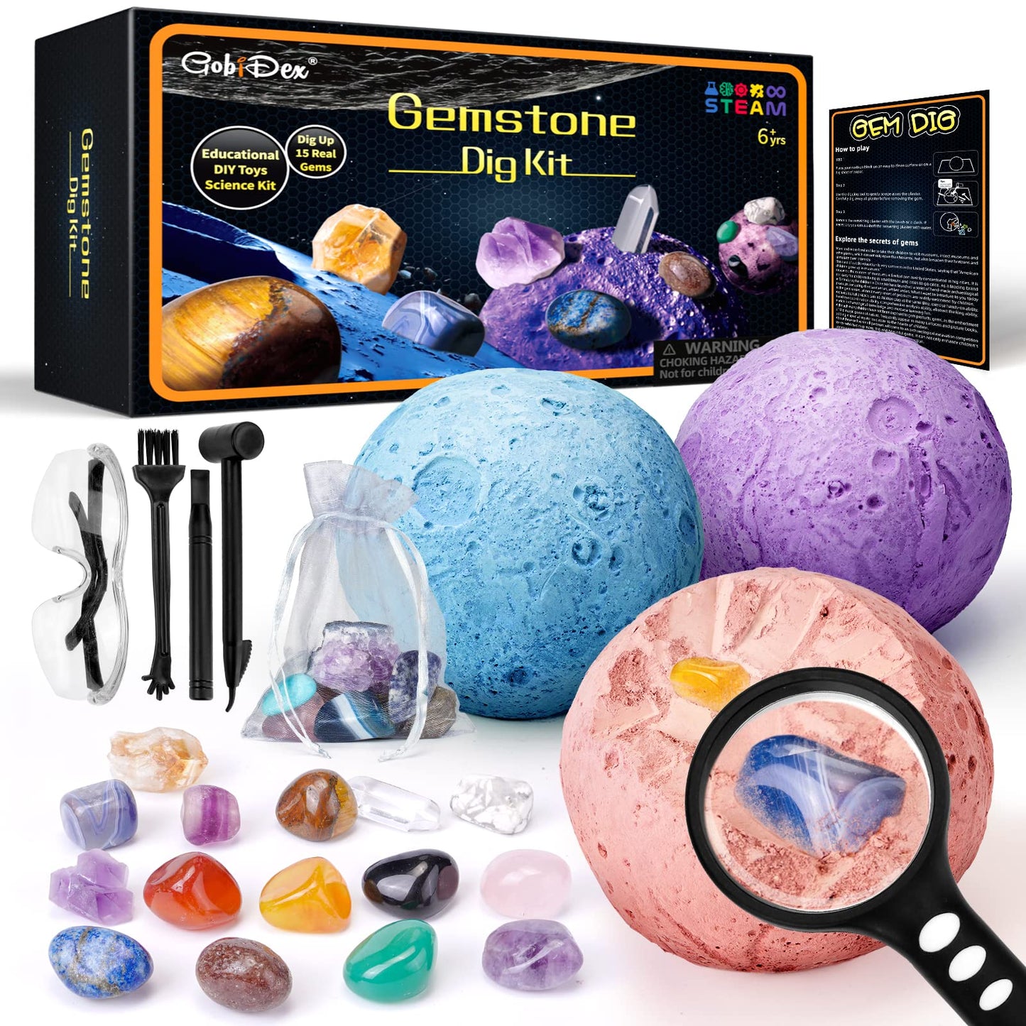 GobiDex Gemstones Dig Kit — Solar System STEM Toy for Kids (Excavate 15 Real Gems)