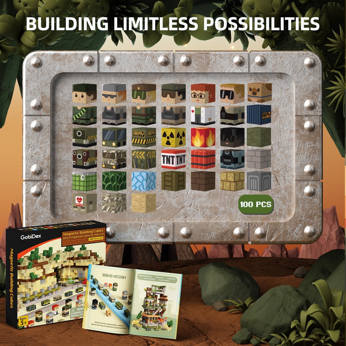 GobiDex 100PCS Magnetic Blocks Army Toys – Build MagWonder for Army Men | STEM Building Toys for Kids 3+