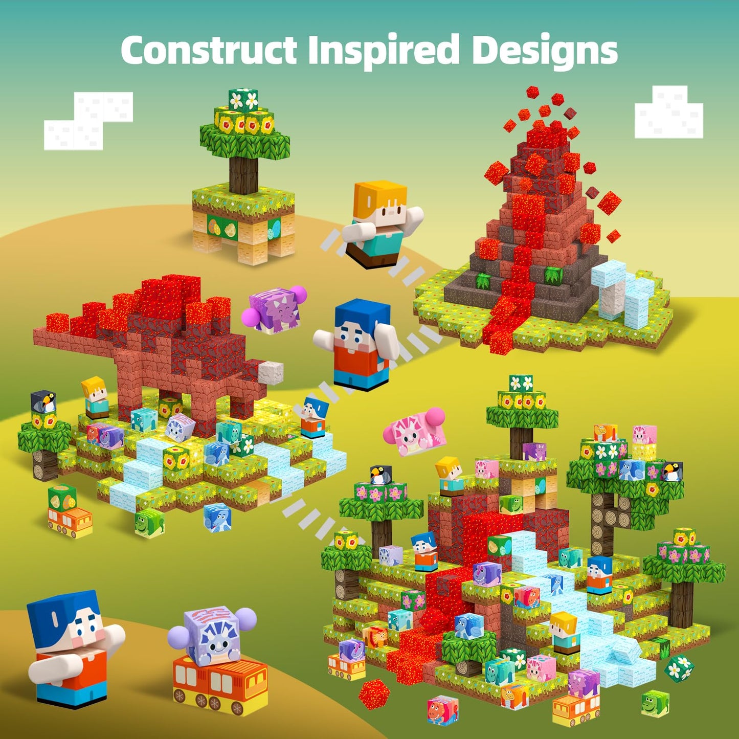 GobiDex 100-Piece Magnetic Blocks: Volcano & Dinosaur Set for Kids 3-8