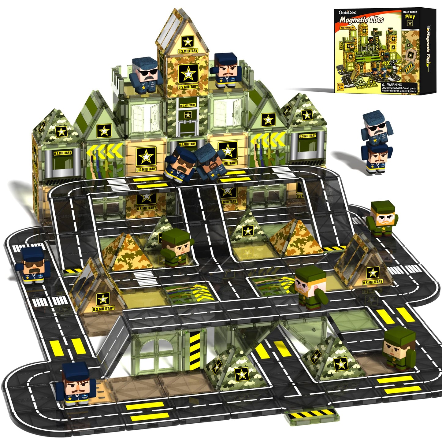 GobiDex 100Pcs Magnetic Tiles with 6 Army Men – STEM Building Blocks for Kids 3-8