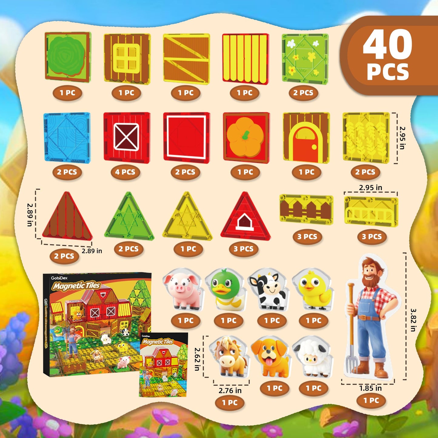 GobiDex Magnetic Tiles with Farm Animals – STEM Toy for Kids 3-8