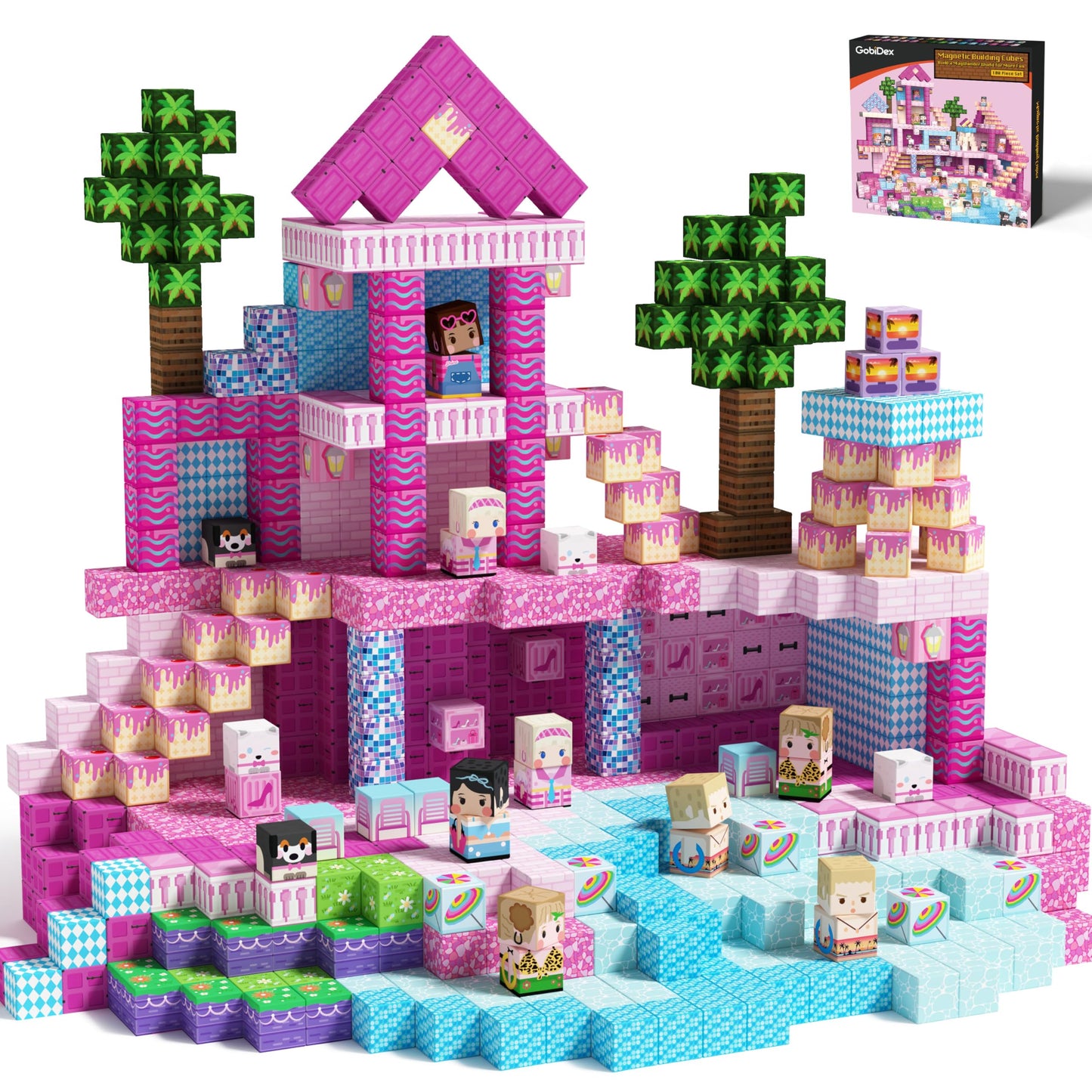 GobiDex 100PCS Magnetic Blocks – Pink Castle & Poolside Villa Set for Girls 3+