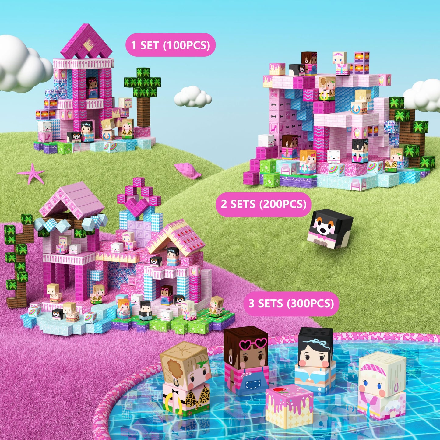 GobiDex 100PCS Magnetic Blocks – Pink Castle & Poolside Villa Set for Girls 3+