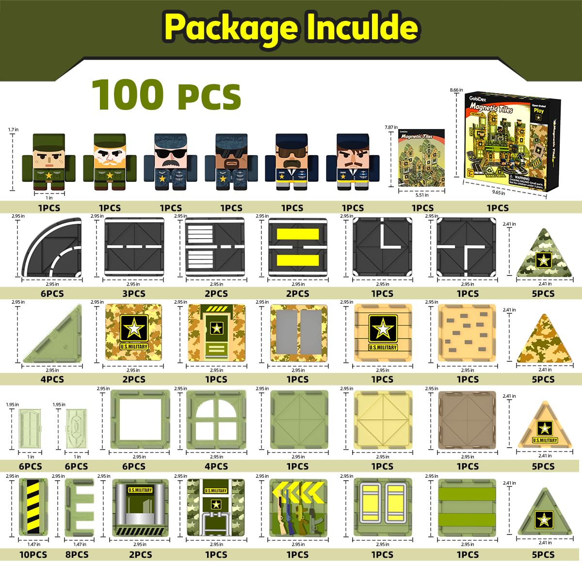 GobiDex 100Pcs Magnetic Tiles with 6 Army Men – STEM Building Blocks for Kids 3-8