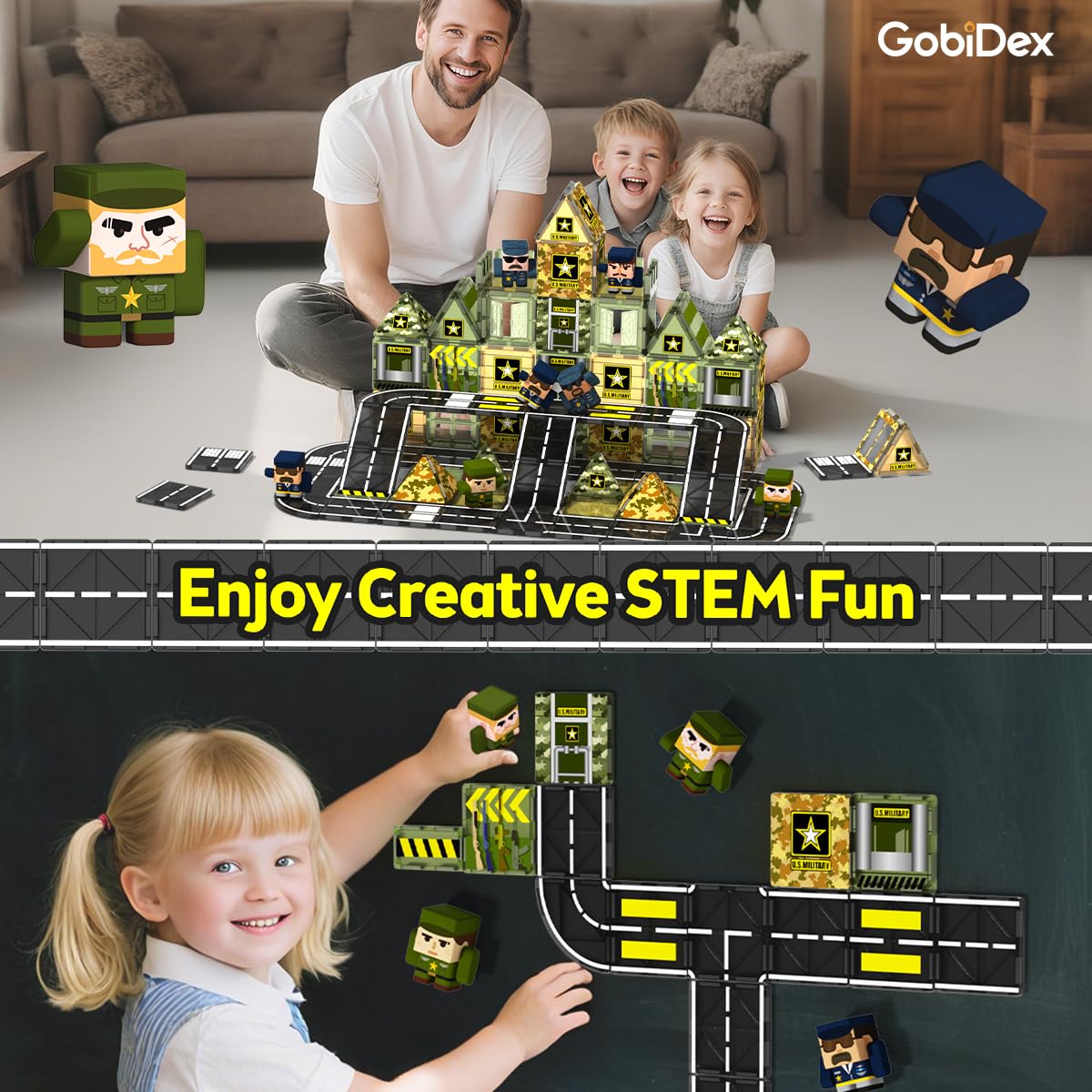 GobiDex 100Pcs Magnetic Tiles with 6 Army Men – STEM Building Blocks for Kids 3-8