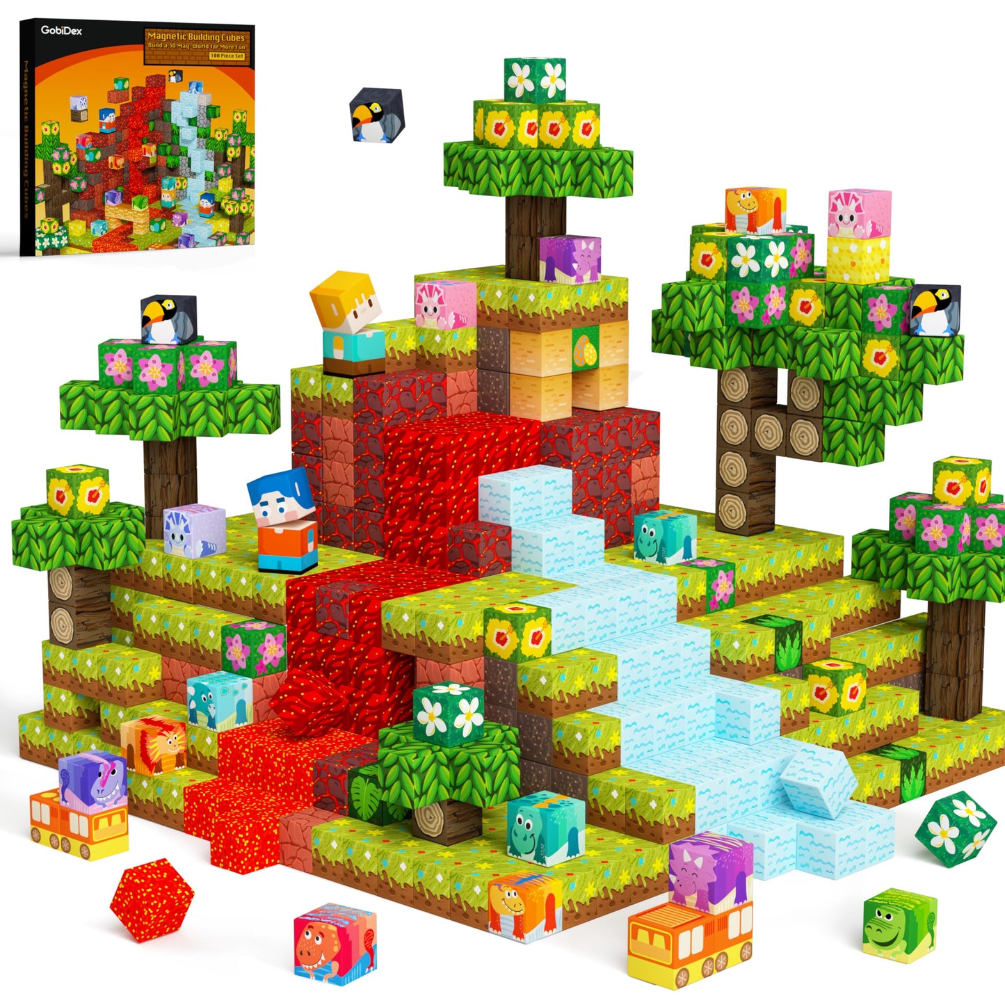 GobiDex 100-Piece Magnetic Blocks: Volcano & Dinosaur Set for Kids 3-8