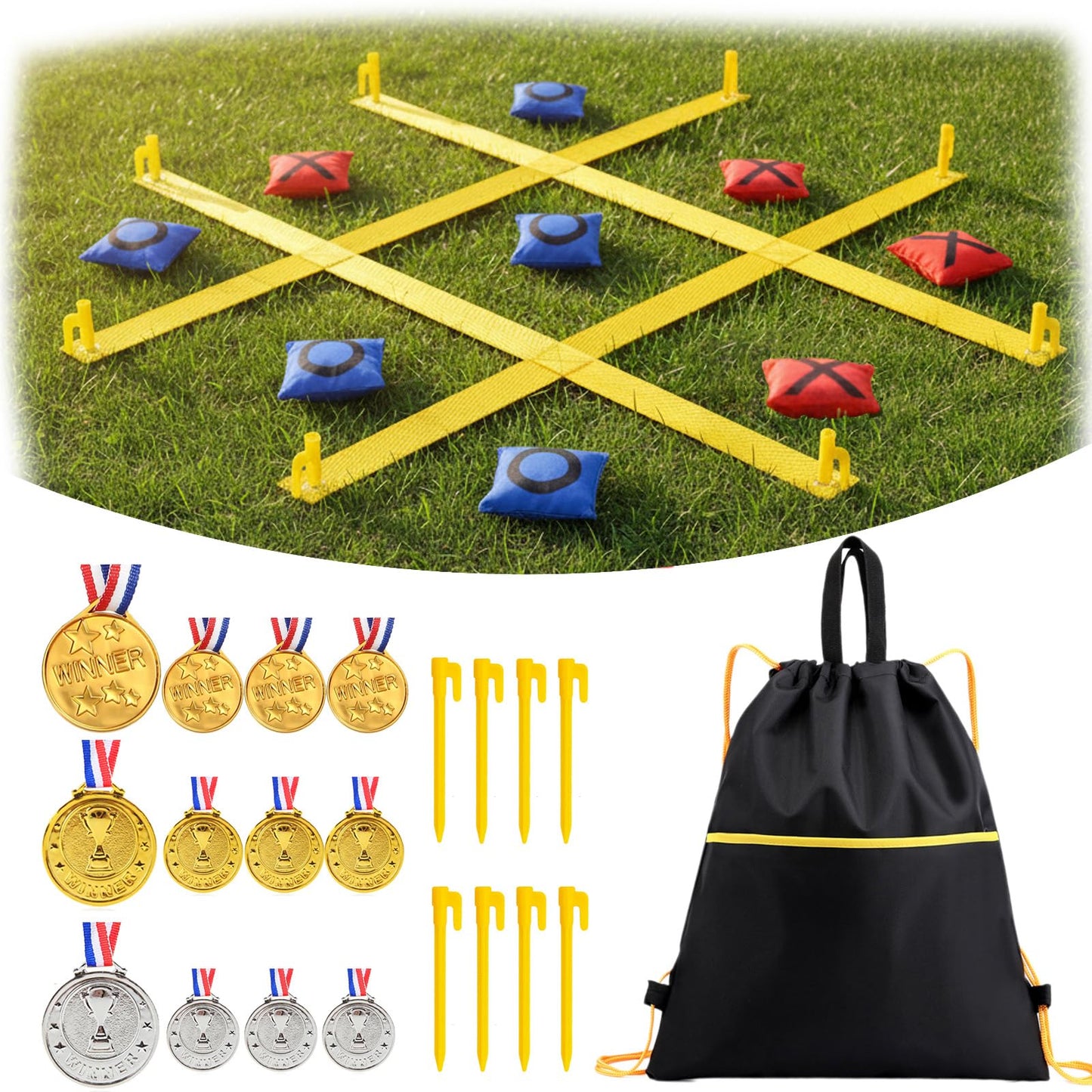 Gocasmus Giant Outdoor Tic Tac Toe Game 4ft x 4ft – Award Medals, Stakes & Carry Bag