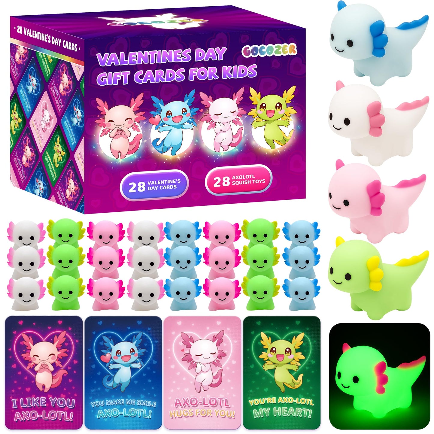Gocozer 28-Pack Glow Axolotl Valentines Cards & Mochi Squishies