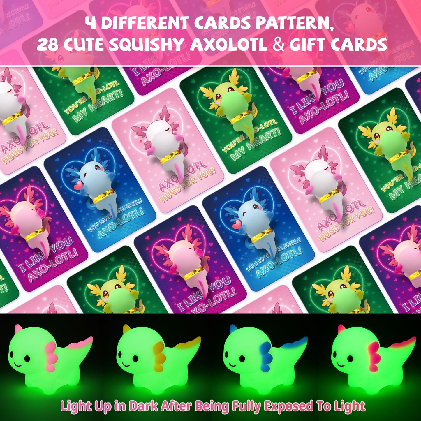 Gocozer 28-Pack Glow Axolotl Valentines Cards & Mochi Squishies