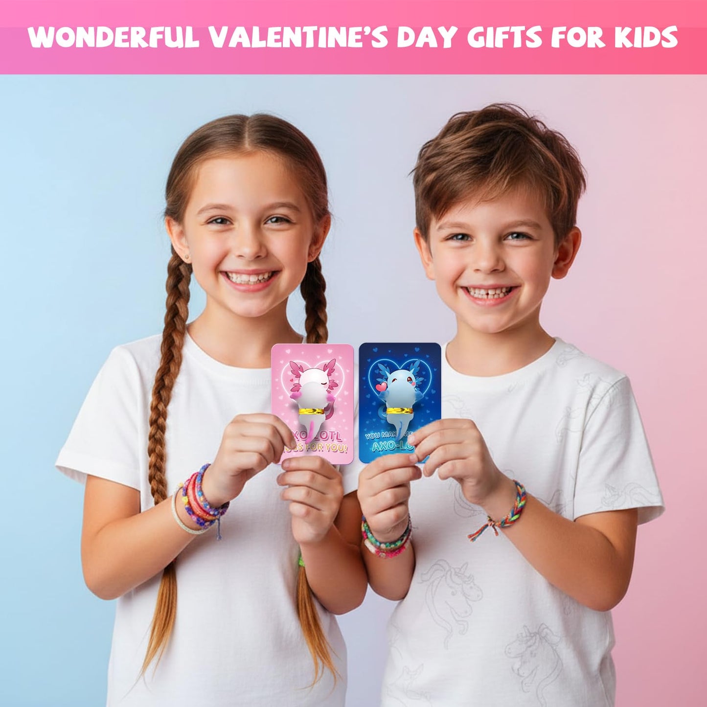 Gocozer 28-Pack Glow Axolotl Valentines Cards & Mochi Squishies