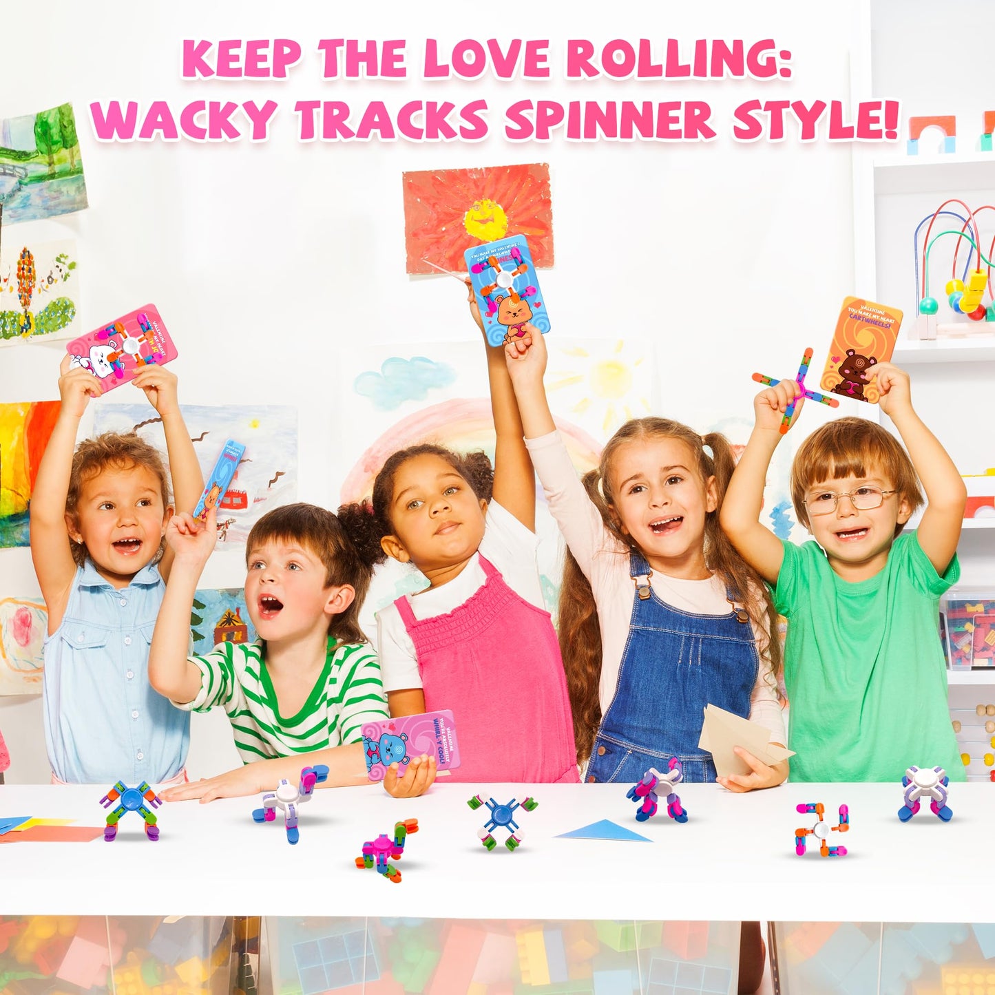 Gocozer Valentines Cards for Kids Classroom – 28-Pack Wacky Tracks Spinner & Cards