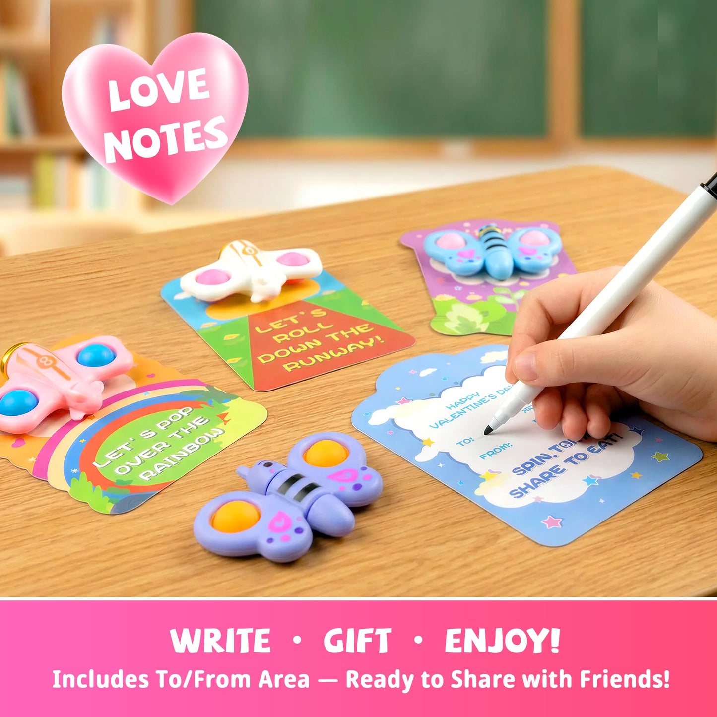 Gocozer Valentines Day Cards for Kids – 28-Pack Fidget Spinner Cards with Airplane & Butterfly