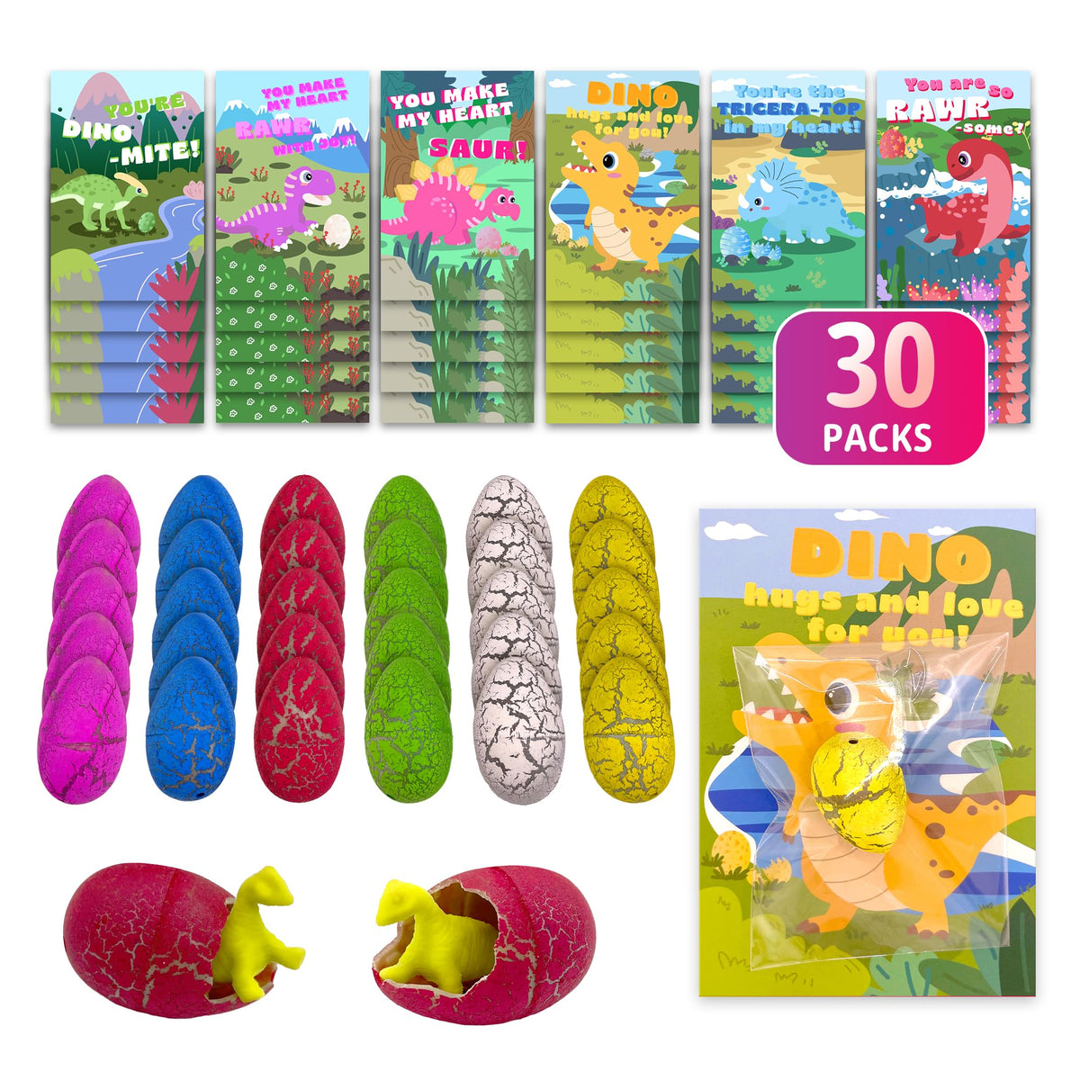 Gocozer 30Pack Dinosaur Valentines Cards – Hatching Eggs & Growing Dinosaurs for Kids, Classroom Gift Set