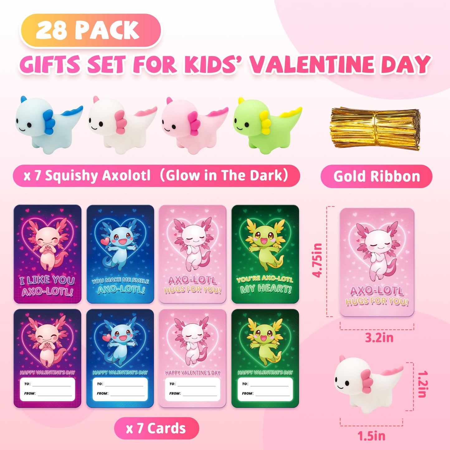 Gocozer 28-Pack Glow Axolotl Valentines Cards & Mochi Squishies