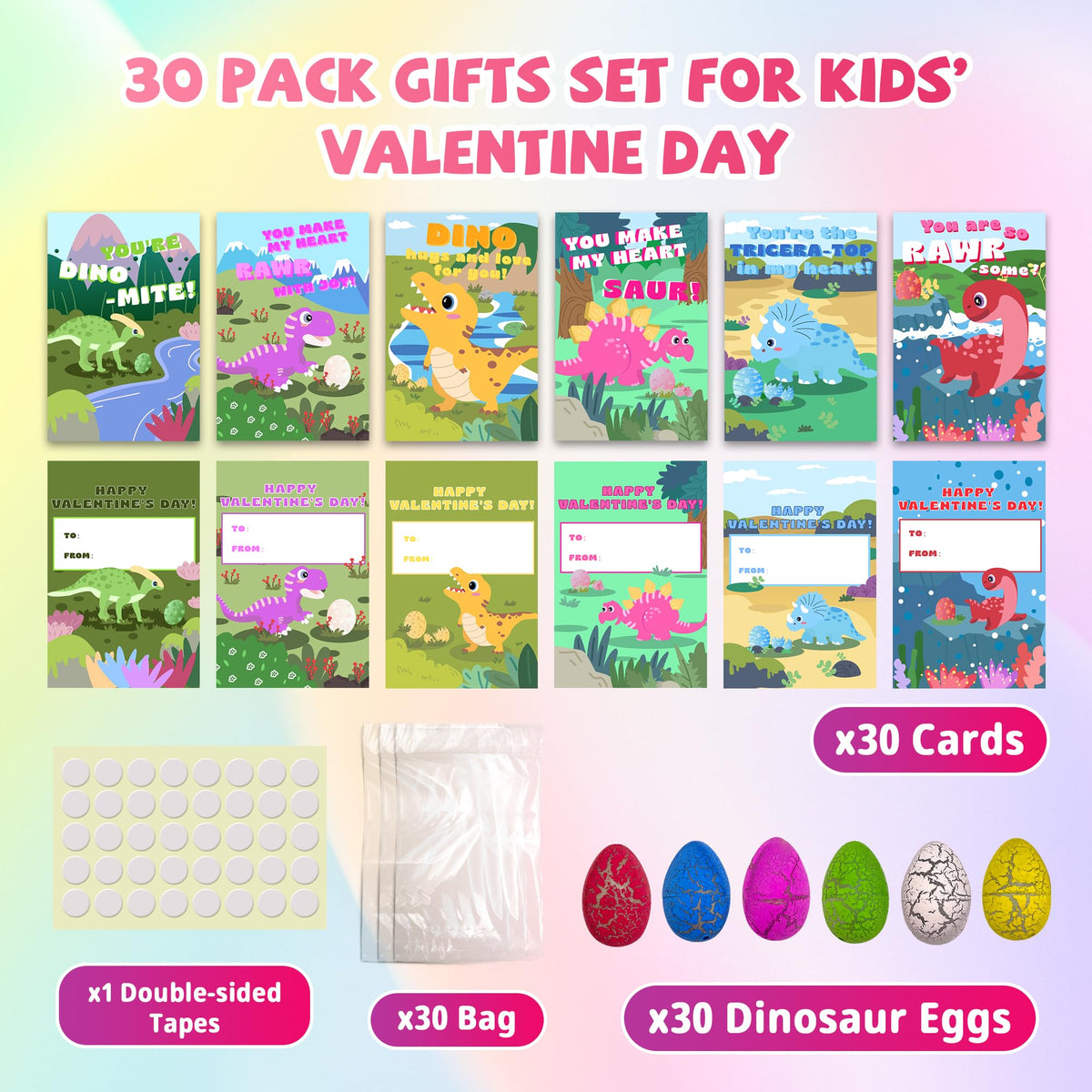 Gocozer 30Pack Dinosaur Valentines Cards – Hatching Eggs & Growing Dinosaurs for Kids, Classroom Gift Set