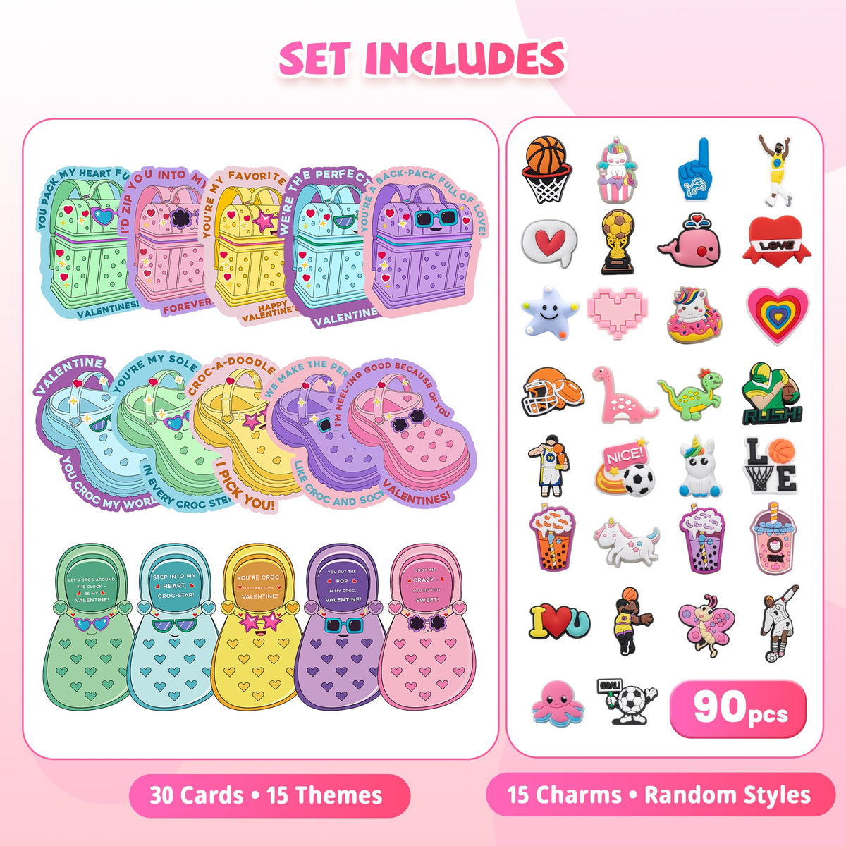 Gocozer Valentines Day Cards for Kids School – 90 Shoe Charms + 30 Classroom Cards Bulk Set