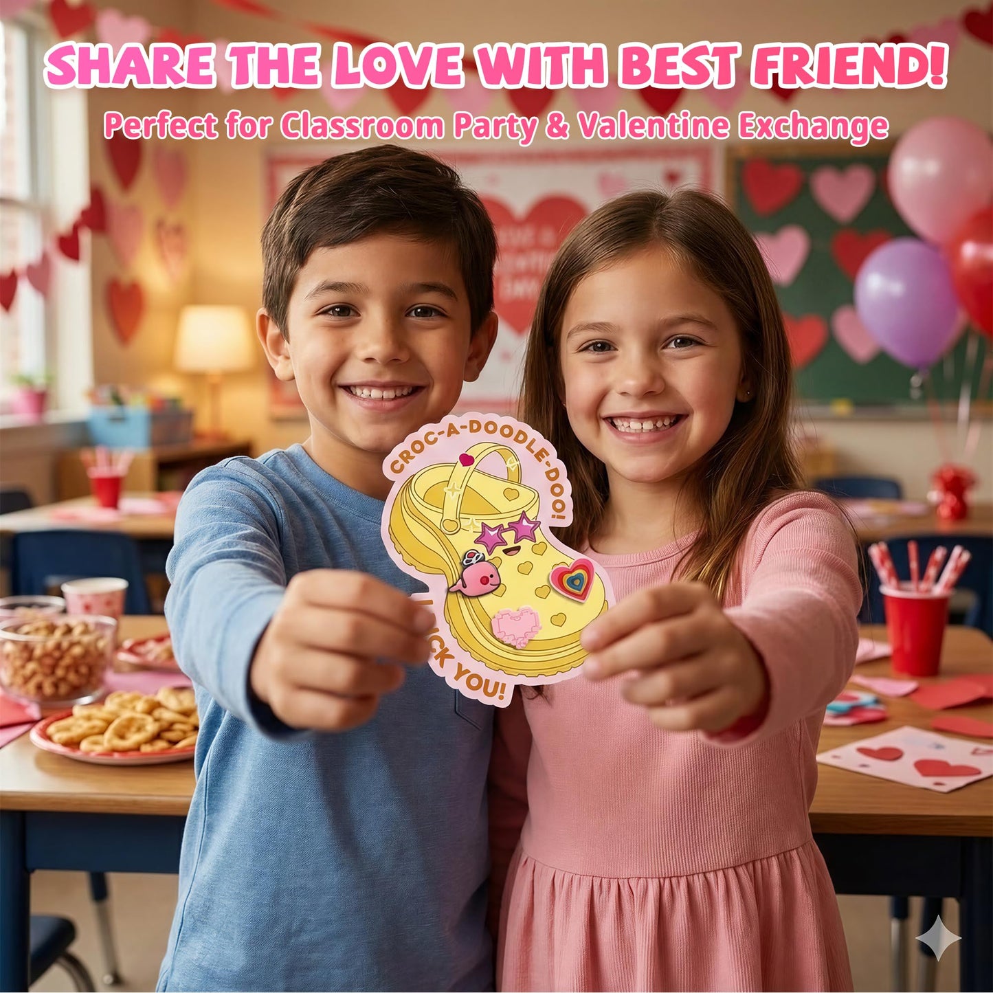 Gocozer Valentines Day Cards for Kids School – 90 Shoe Charms + 30 Classroom Cards Bulk Set