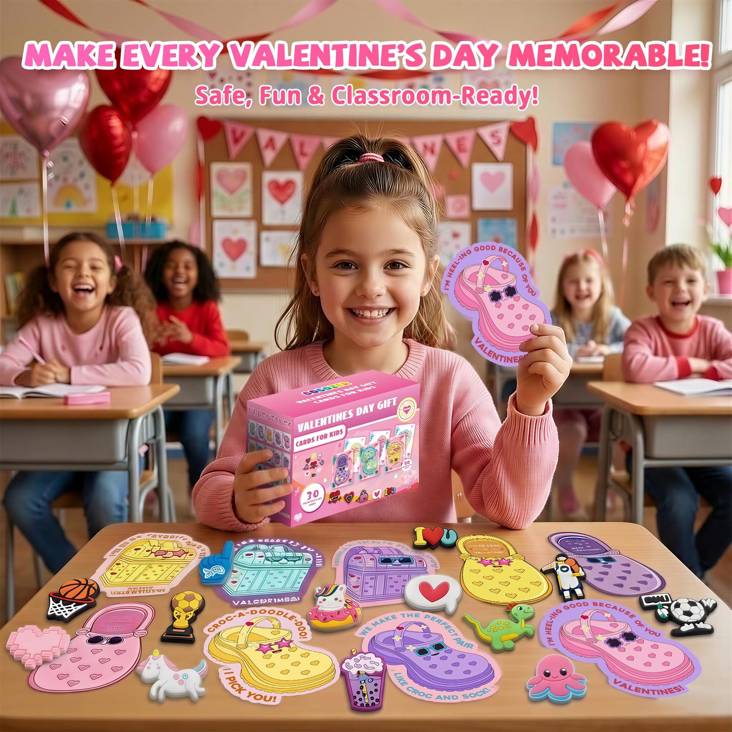 Gocozer Valentines Day Cards for Kids School – 90 Shoe Charms + 30 Classroom Cards Bulk Set