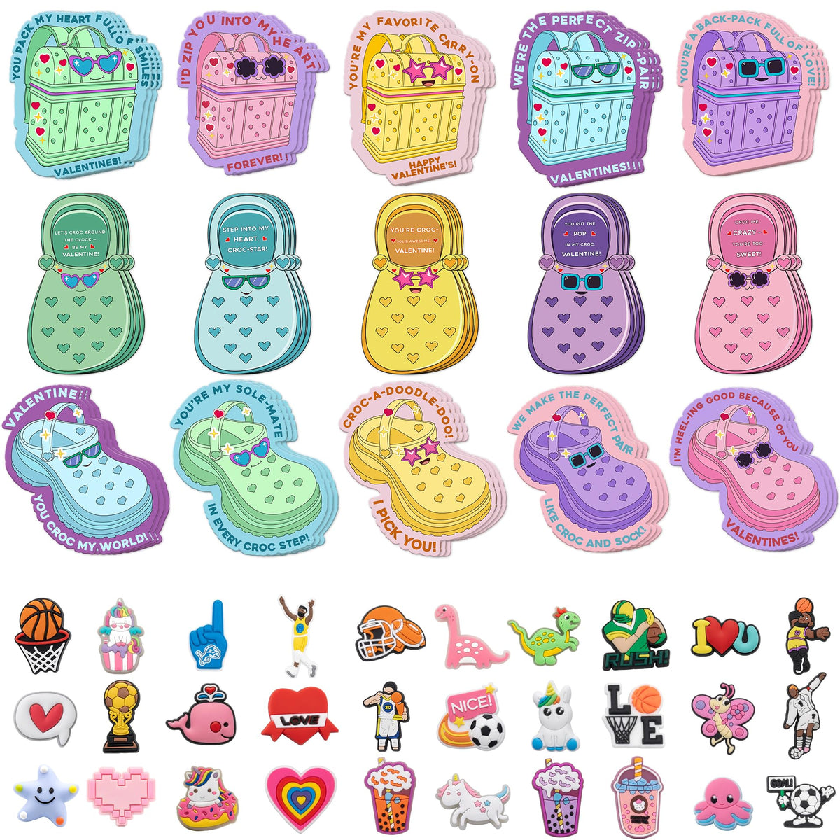 Gocozer Valentines Day Cards for Kids School – 90 Shoe Charms + 30 Classroom Cards Bulk Set