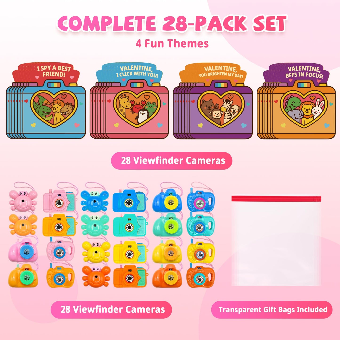 Gocozer Valentines Day Cards for Kids – 28-Pack Viewfinder Cameras for Classroom Gifts