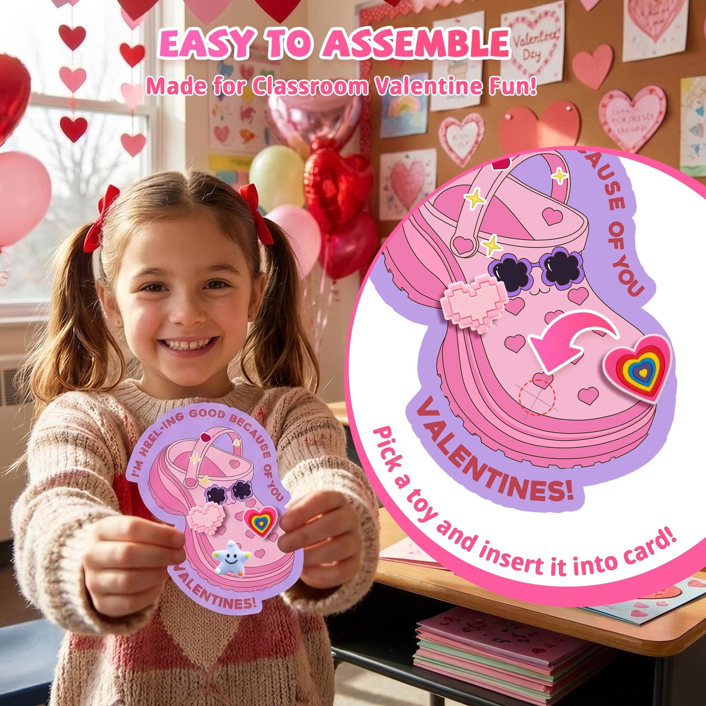 Gocozer Valentines Day Cards for Kids School – 90 Shoe Charms + 30 Classroom Cards Bulk Set