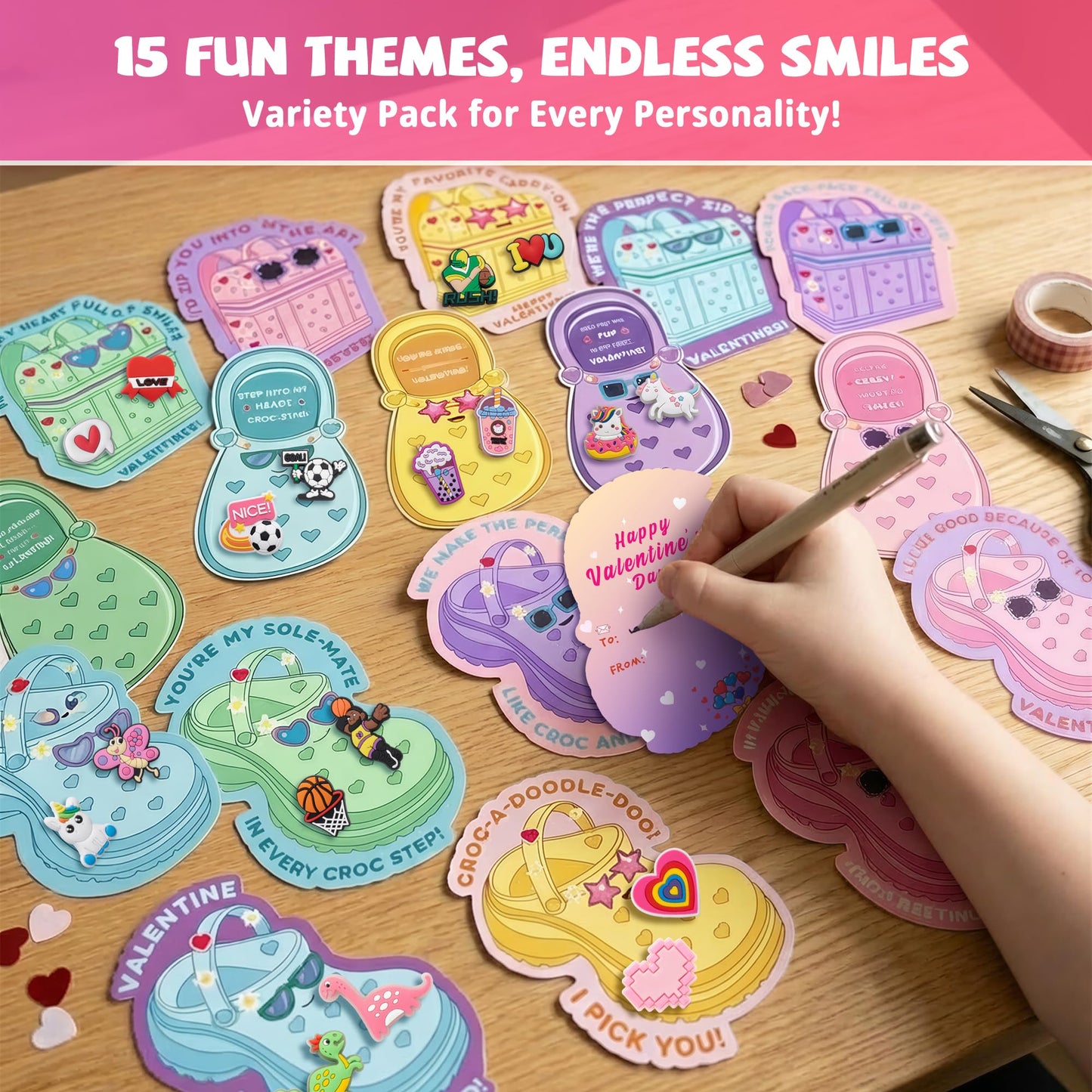 Gocozer Valentines Day Cards for Kids School – 90 Shoe Charms + 30 Classroom Cards Bulk Set