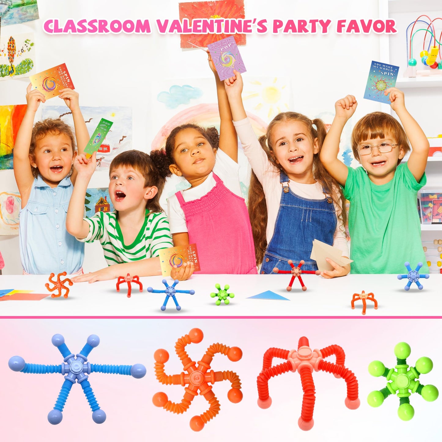 Gocozer 28-Pack Kids Valentine Cards with Pop Tubes Spinner – Fun Classroom Favors
