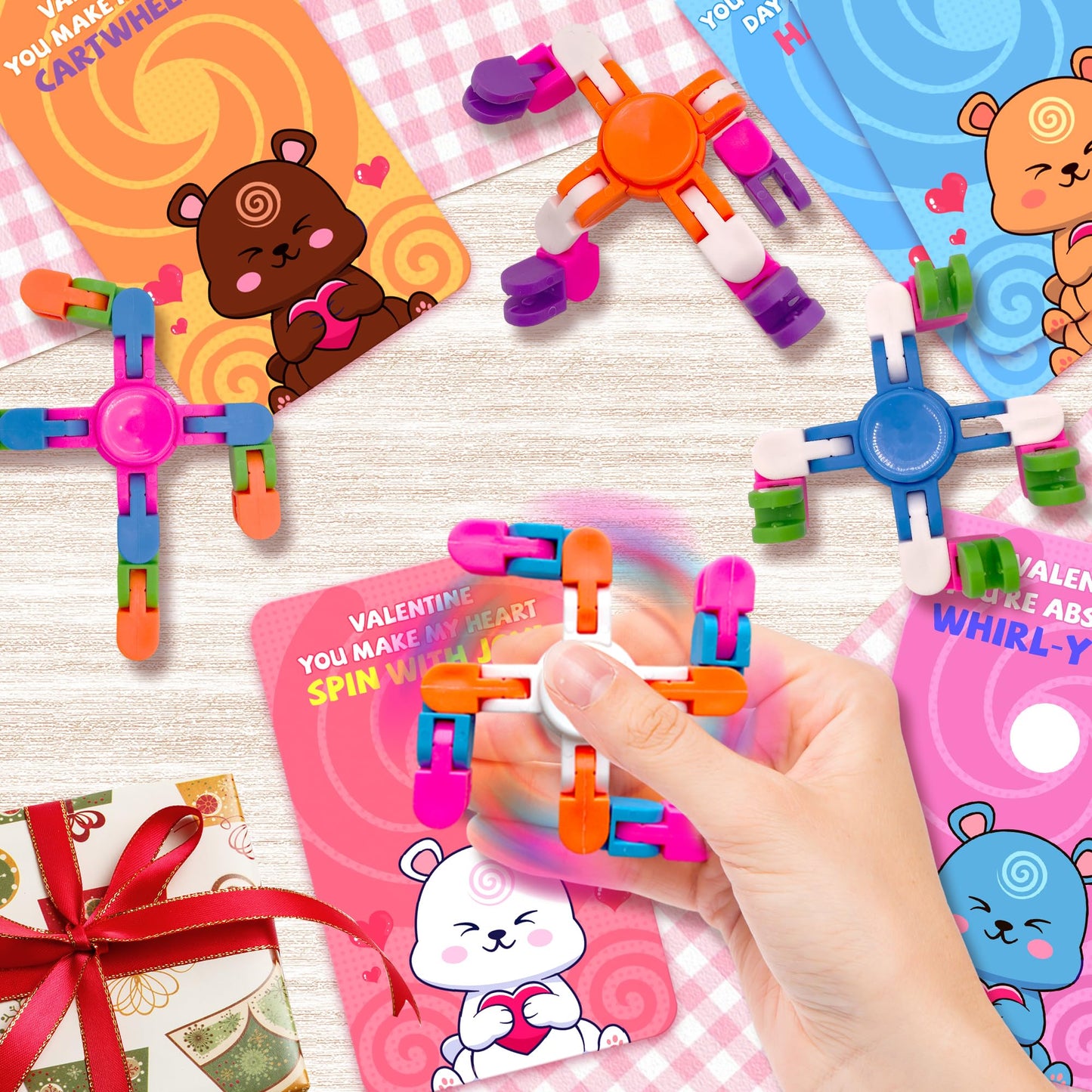 Gocozer Valentines Cards for Kids Classroom – 28-Pack Wacky Tracks Spinner & Cards