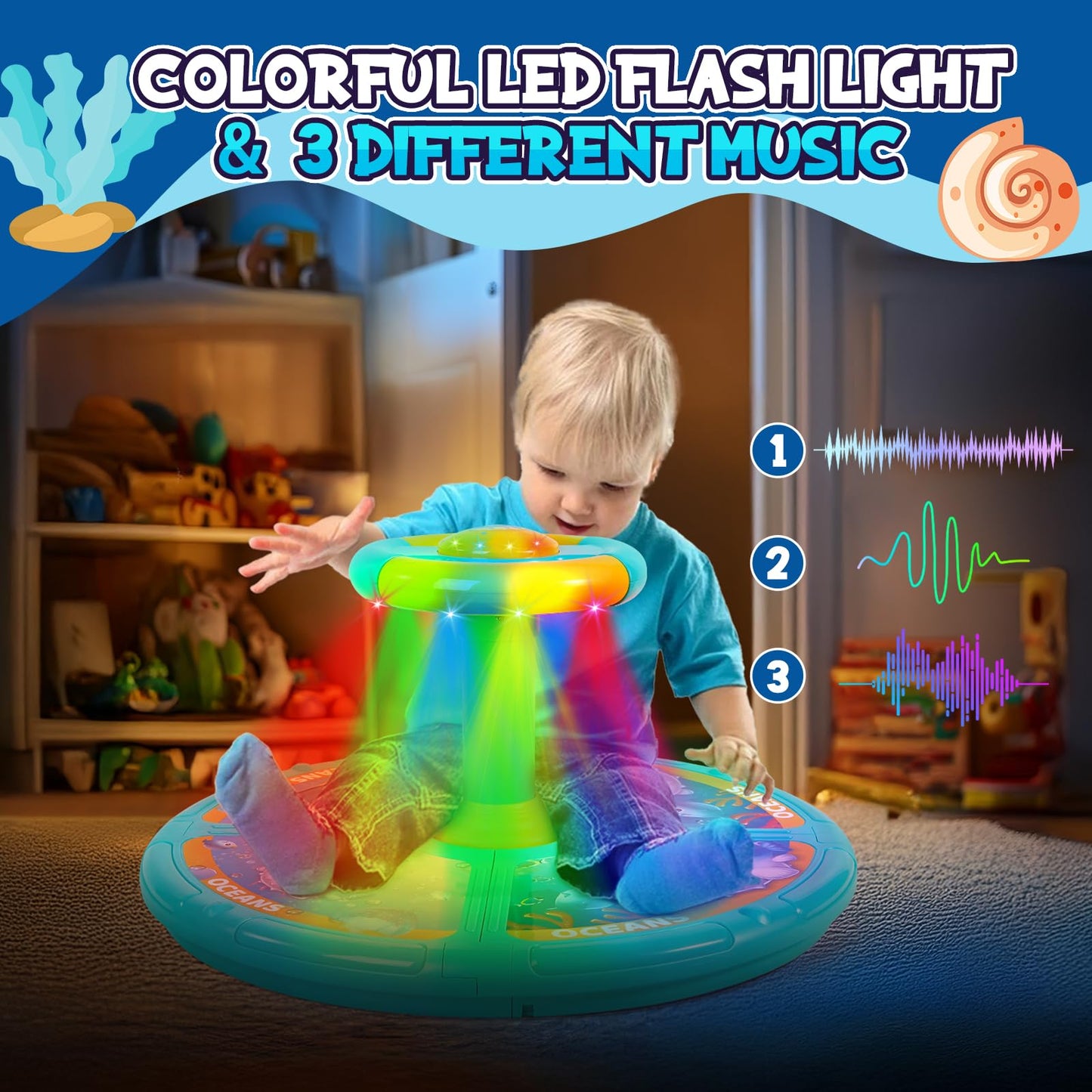 GODELAIF Sit and Spin Ocean Toy – 360° Sensory Spin for Toddlers (Ages 2-10) with LED & Sound