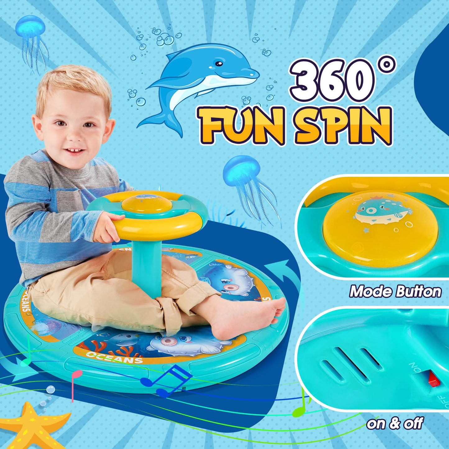 GODELAIF Sit and Spin Ocean Toy – 360° Sensory Spin for Toddlers (Ages 2-10) with LED & Sound