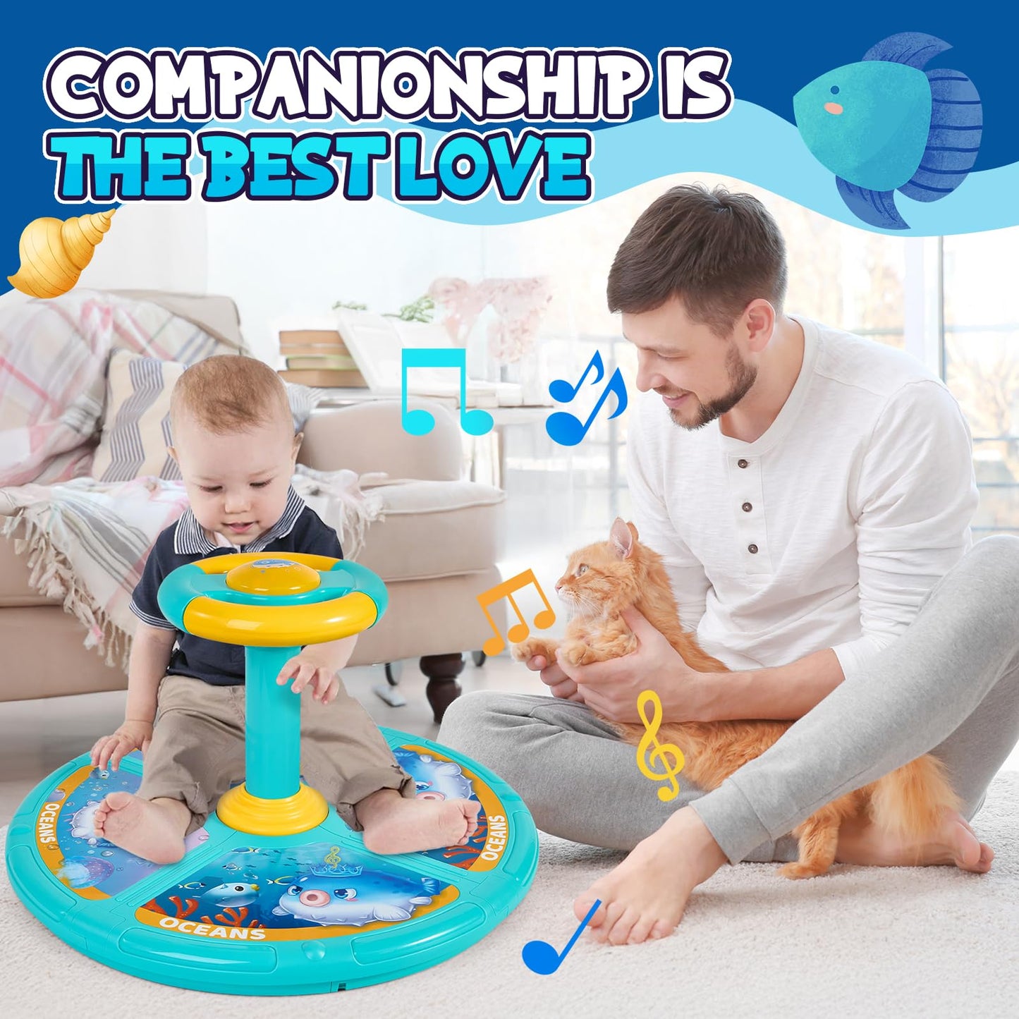 GODELAIF Sit and Spin Ocean Toy – 360° Sensory Spin for Toddlers (Ages 2-10) with LED & Sound