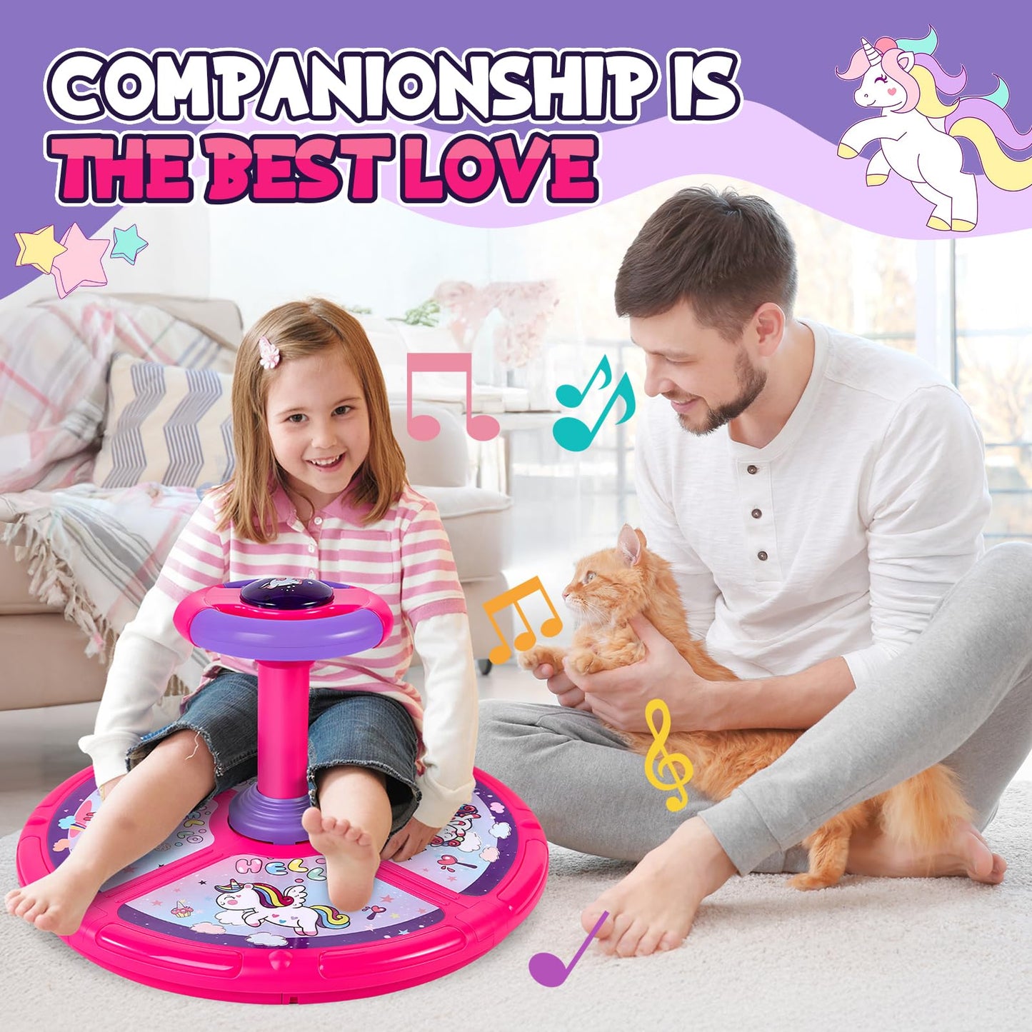 GODELAIF Unicorn Sit and Spin – 360° Spinning Stool Toy with LED Lights & Music