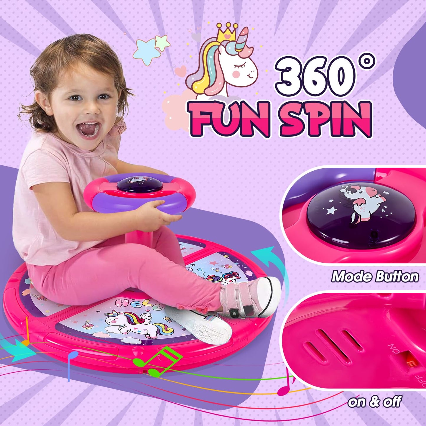 GODELAIF Unicorn Sit and Spin – 360° Spinning Stool Toy with LED Lights & Music
