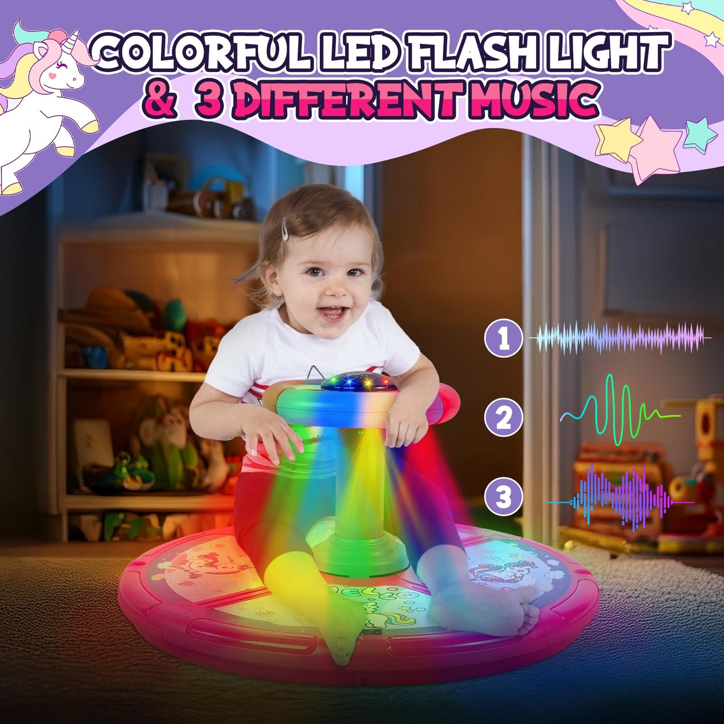 GODELAIF Unicorn Sit and Spin – 360° Spinning Stool Toy with LED Lights & Music