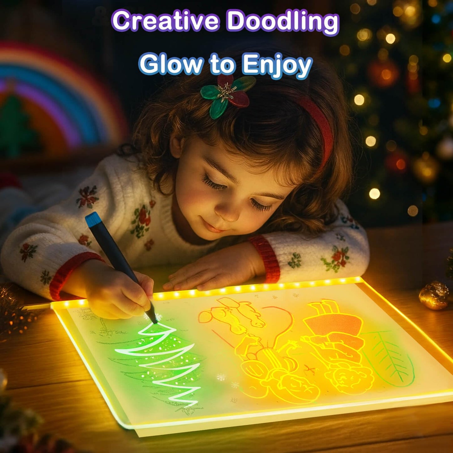 Godeprot RGB Rainbow LED Drawing Board — 7 Modes, 12 Markers, 13.8 x 10 in Acrylic Pad