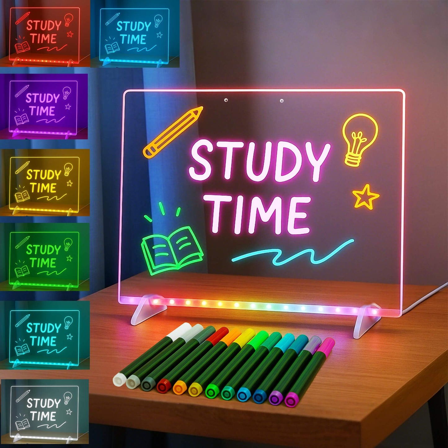 Godeprot RGB Rainbow LED Drawing Board — 7 Modes, 12 Markers, 13.8 x 10 in Acrylic Pad