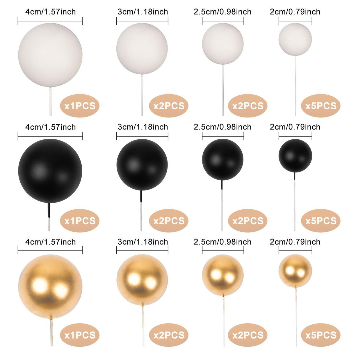 Goensjt 30 Pcs Balls Cake Toppers – Black Gold White for Birthday, Wedding, Baby Shower